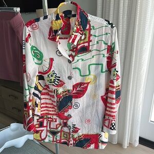 Red and White Button Down Shirt with Abstract Pattern